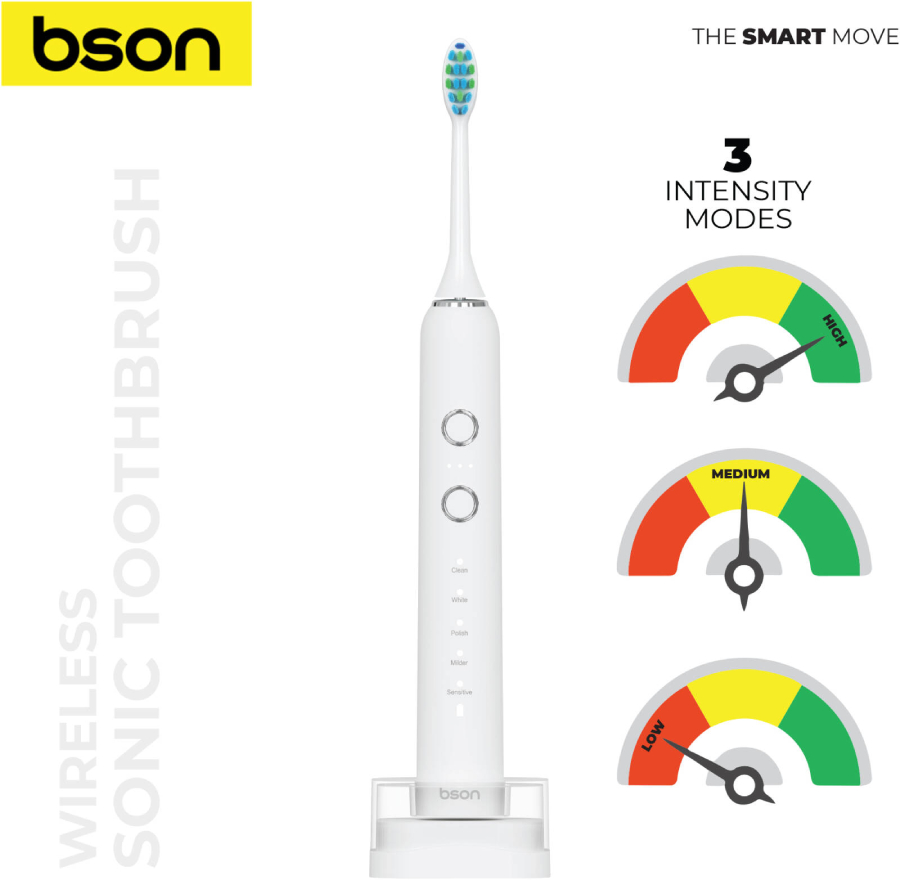 Bson Wireless Sonic Toothbrush with 10X Better Whitening, Wireless Charging - White