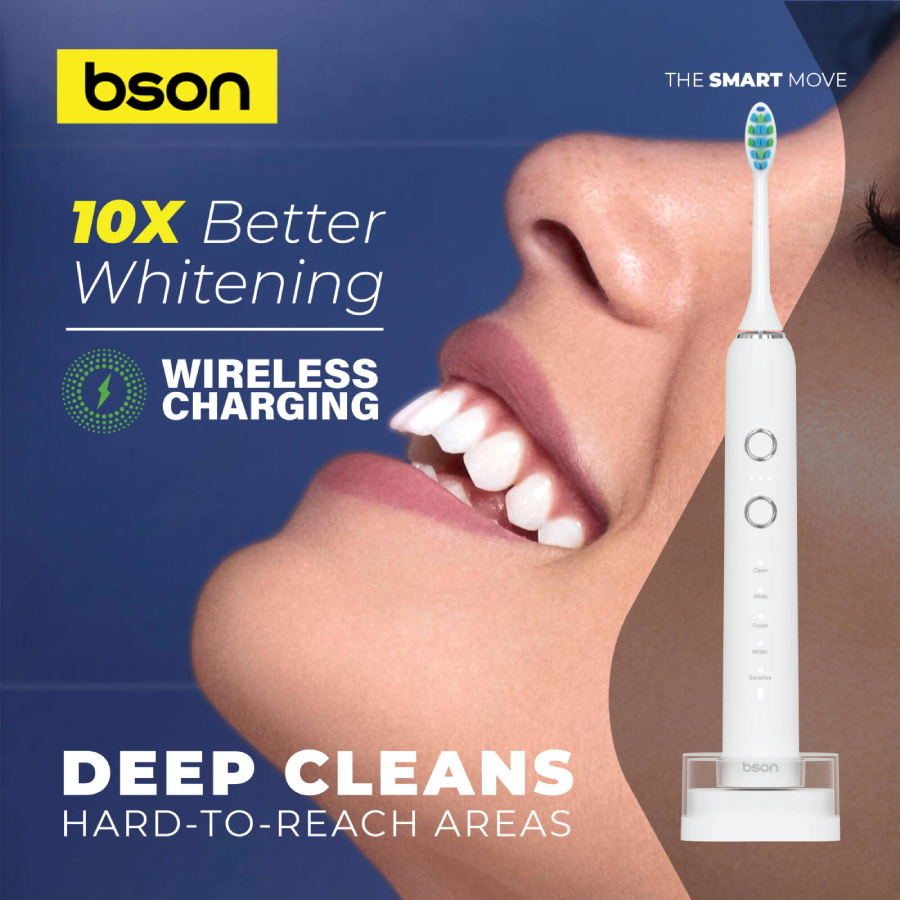 Bson Wireless Sonic Toothbrush with 10X Better Whitening, Wireless Charging - White