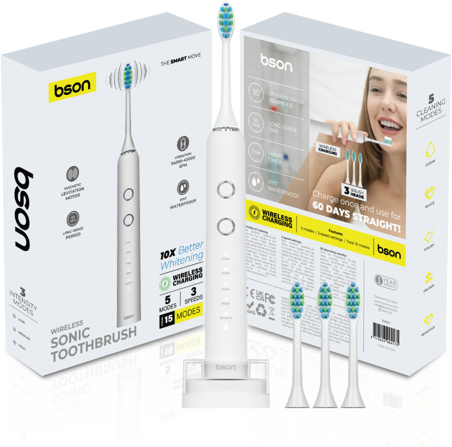 Bson Wireless Sonic Toothbrush with 10X Better Whitening, Wireless Charging - White