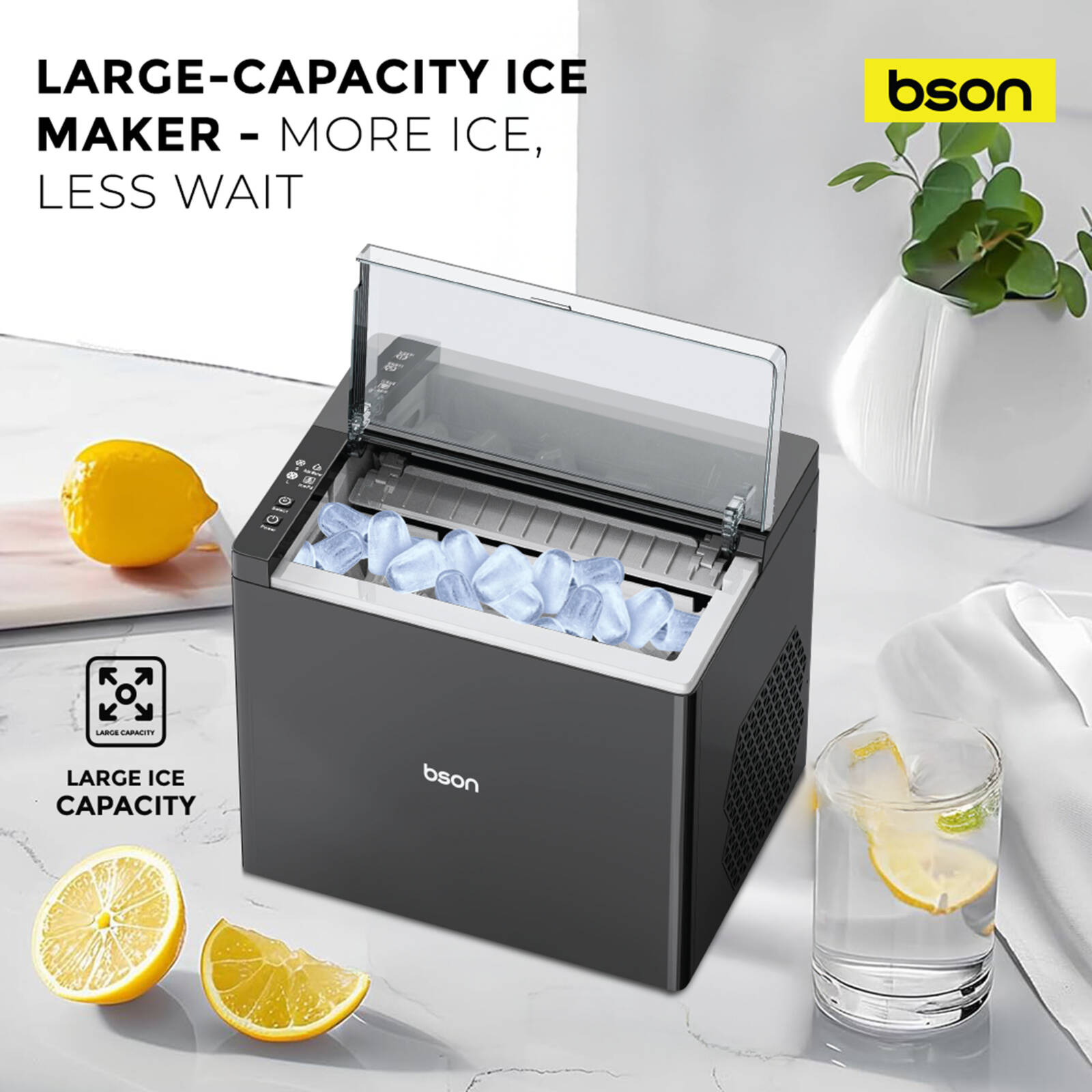 Bson Freezy Ice Maker - Ountertop Ice Machine with Multiple Bullet Ice Sizes - Black