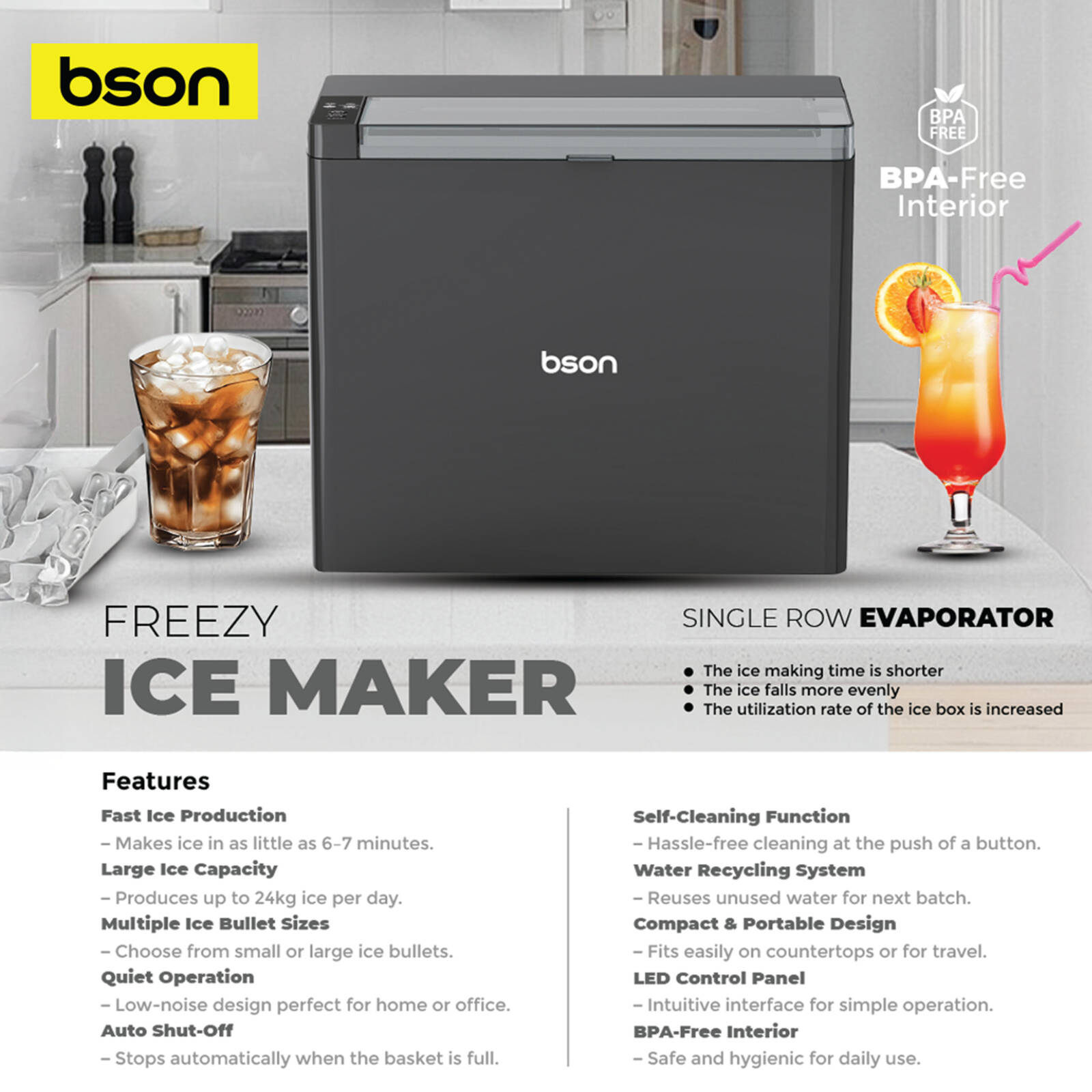 Bson Freezy Ice Maker - Ountertop Ice Machine with Multiple Bullet Ice Sizes - Black