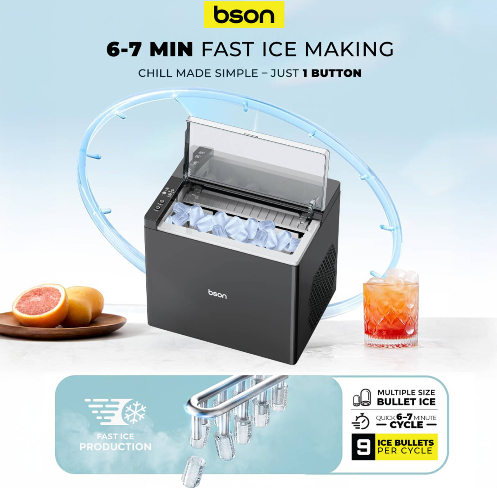 Bson Freezy Ice Maker - Ountertop Ice Machine with Multiple Bullet Ice Sizes - Black