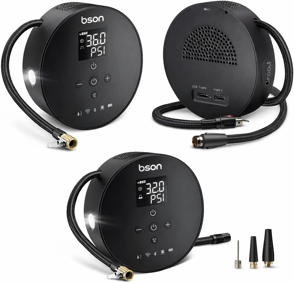 Bson 4-in-1 Multi-Function Device Bluetooth Speaker Inflator, LED Lighting, Power Bank Function - Black