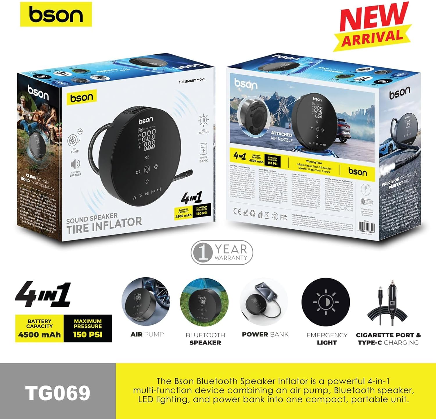 Bson 4-in-1 Multi-Function Device Bluetooth Speaker Inflator, LED Lighting, Power Bank Function - Black