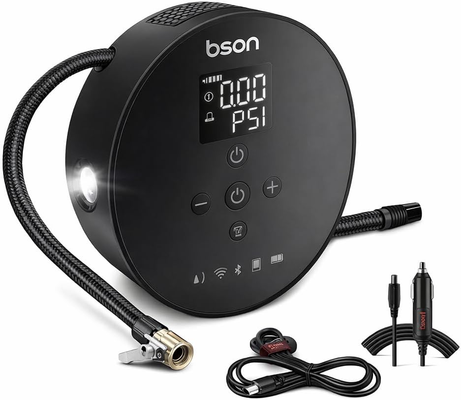 Bson 4-in-1 Multi-Function Device Bluetooth Speaker Inflator, LED Lighting, Power Bank Function - Black