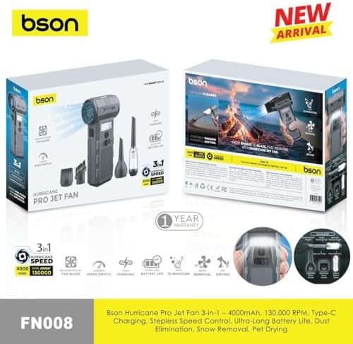 Bson Hurricane Pro Jet Fan -3 in 1, 130000 Rpm, 4000 Mah Battery - Black