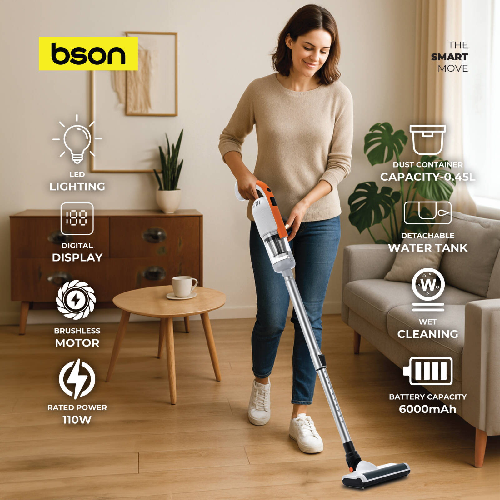 Bson Cordless Stick Vacuum Cleaner With Light & Water Tank- 6000 mAh - Orange