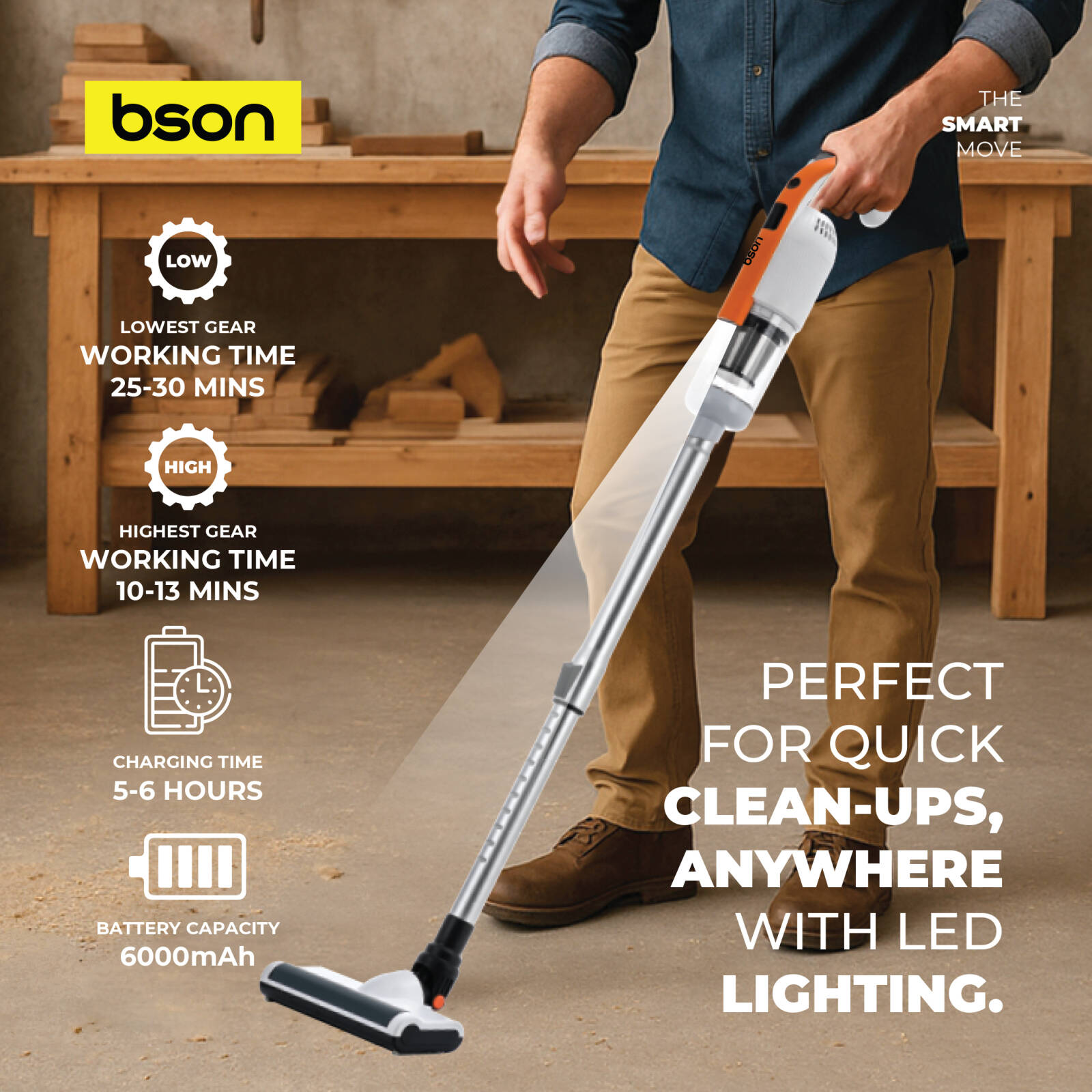 Bson Cordless Stick Vacuum Cleaner With Light & Water Tank- 6000 mAh - Orange
