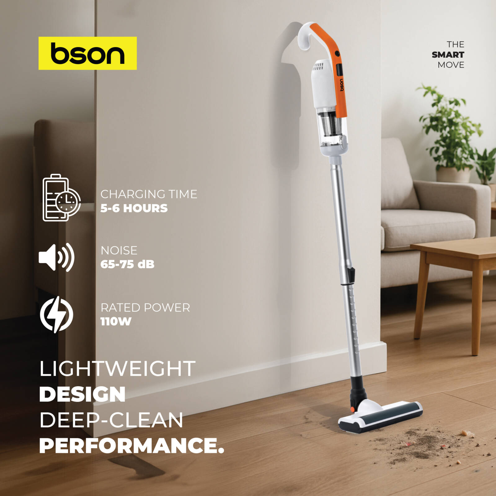 Bson Cordless Stick Vacuum Cleaner With Light & Water Tank- 6000 mAh - Orange