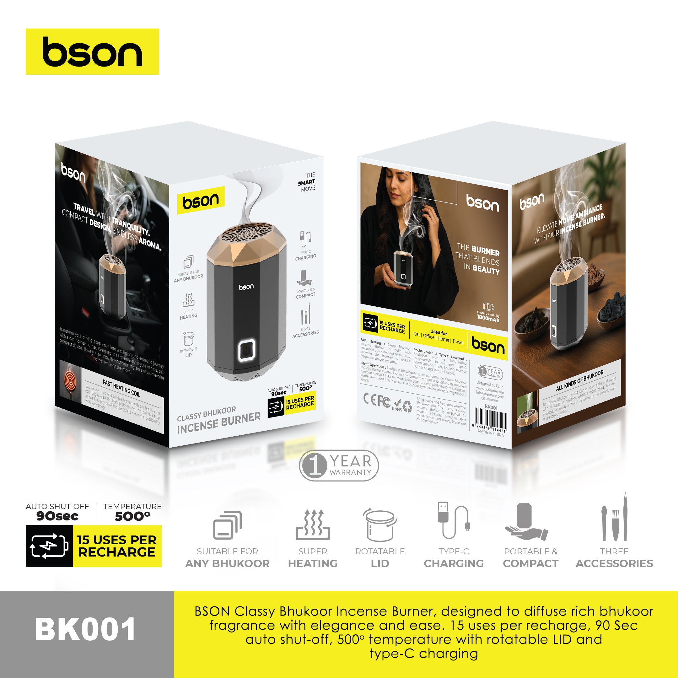Bson Classy Bhukoor Incense Burner,15 uses per recharge, 90 Sec auto shut-off - Black