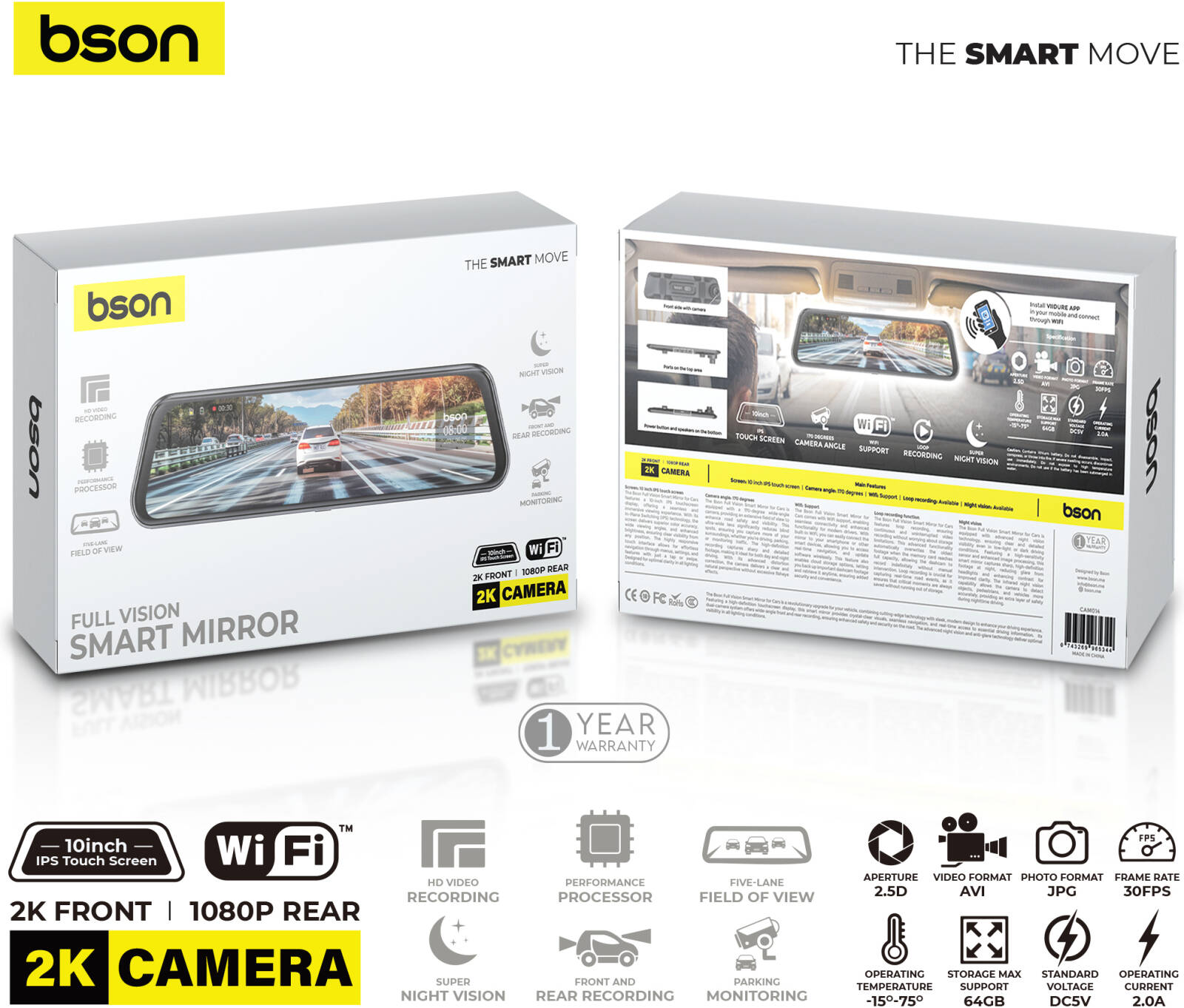 Bson Full Vision Smart Mirror, Ultra HD 2k Front Camera & 1080p Rear Camera - Black
