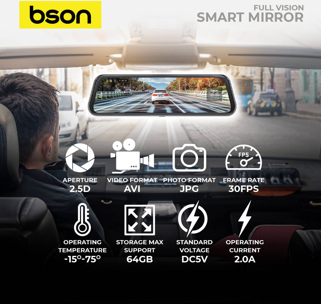 Bson Full Vision Smart Mirror, Ultra HD 2k Front Camera & 1080p Rear Camera - Black