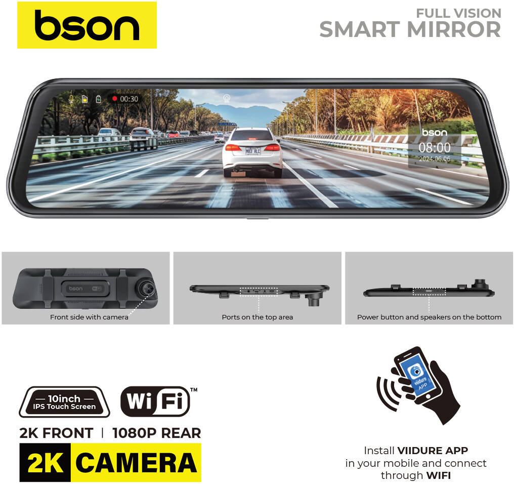Bson Full Vision Smart Mirror, Ultra HD 2k Front Camera & 1080p Rear Camera - Black
