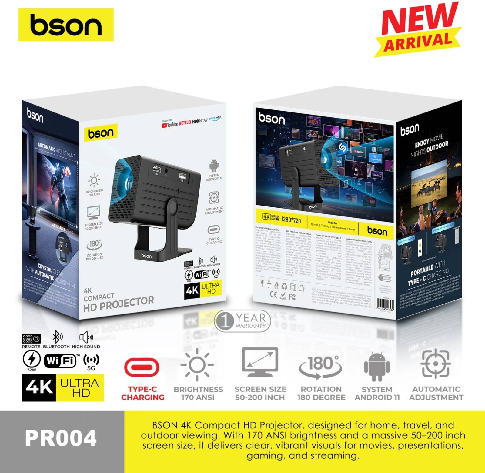 Bson Mini Portable Projector, 50-150" Image Size, 4700 Lumens (170 ANSI) Brightness, 1280x720 Pixels - Black