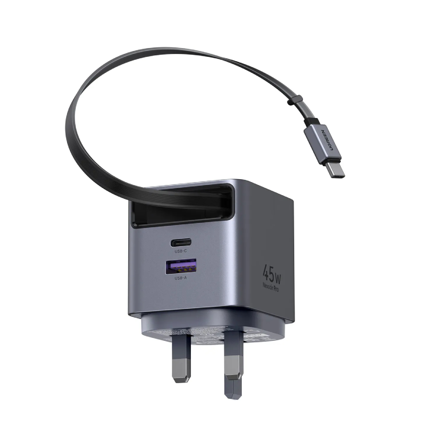 UGREEN 45W GaN Fast Charger with Retractable Cable, 2-port - Space Gray