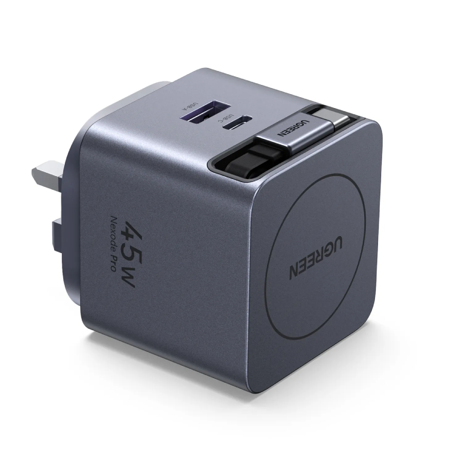 UGREEN 45W GaN Fast Charger with Retractable Cable, 2-port - Space Gray