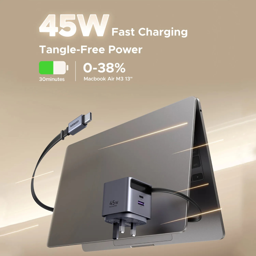 UGREEN 45W GaN Fast Charger with Retractable Cable, 2-port - Space Gray