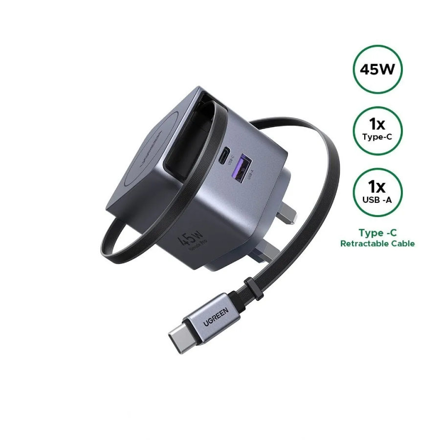 UGREEN 45W GaN Fast Charger with Retractable Cable, 2-port - Space Gray