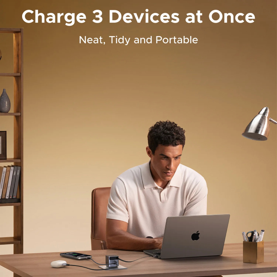 UGREEN 45W GaN Fast Charger with Retractable Cable, 2-port - Space Gray