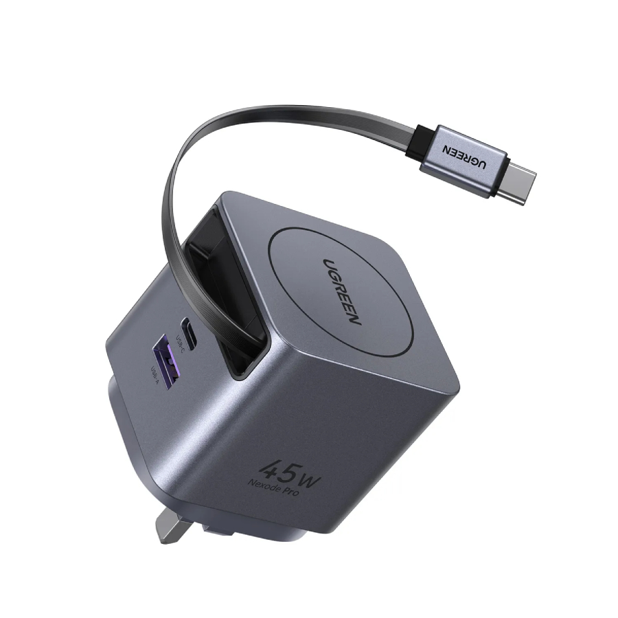 UGREEN 45W GaN Fast Charger with Retractable Cable, 2-port - Space Gray