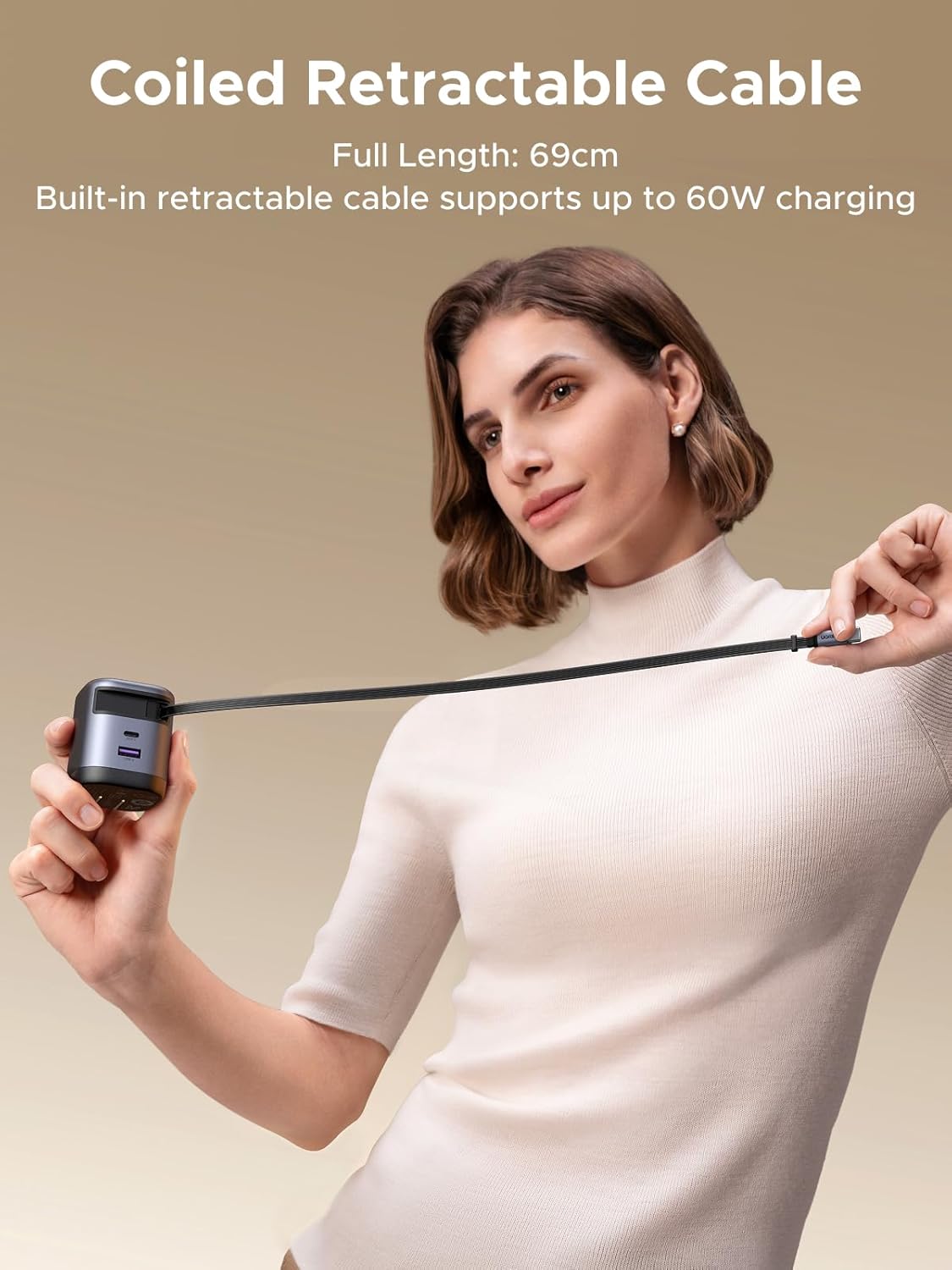 UGREEN 65W GaN Fast Charger with Retractable Cable, 2-port - Space Gray