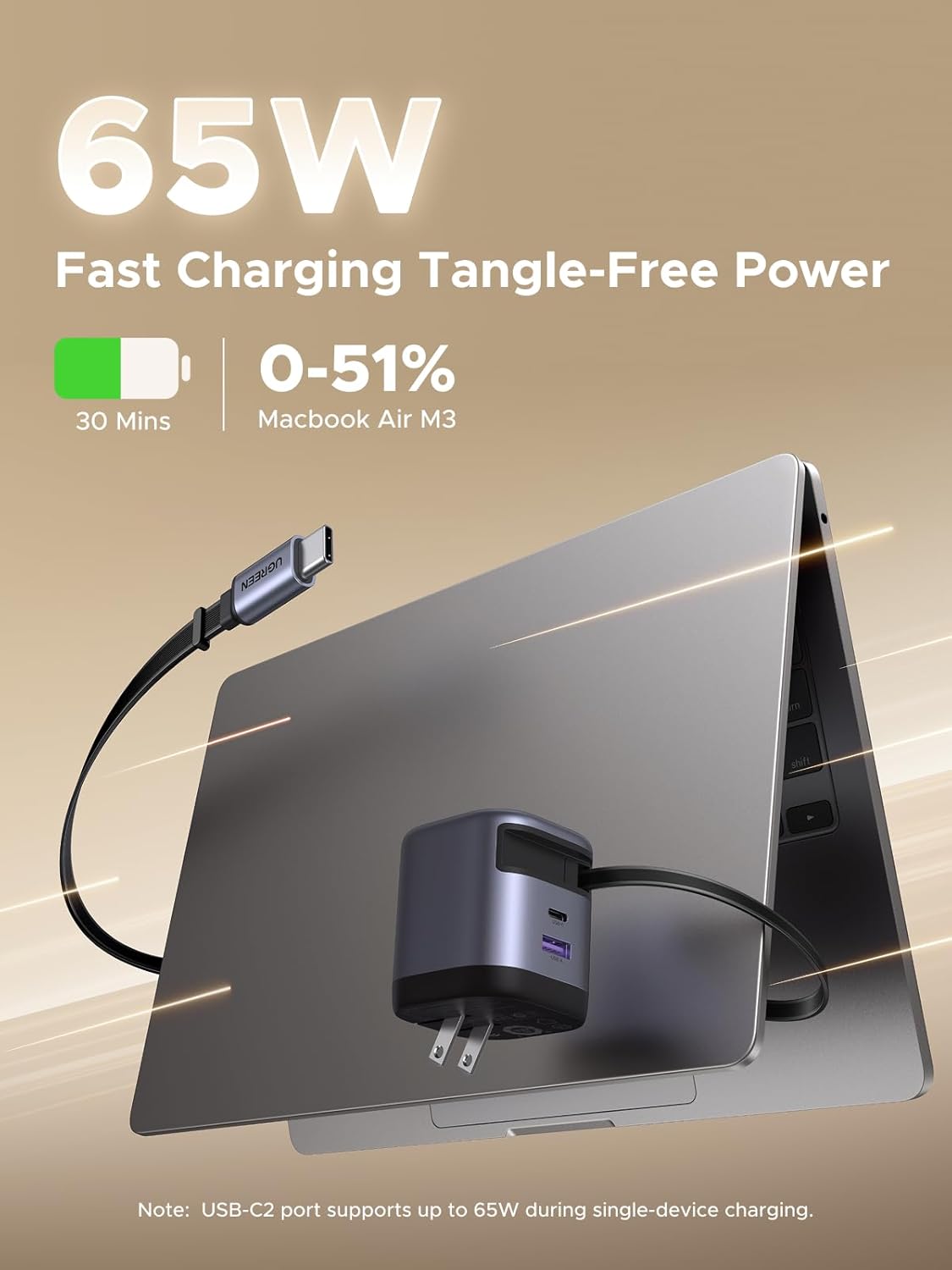 UGREEN 65W GaN Fast Charger with Retractable Cable, 2-port - Space Gray