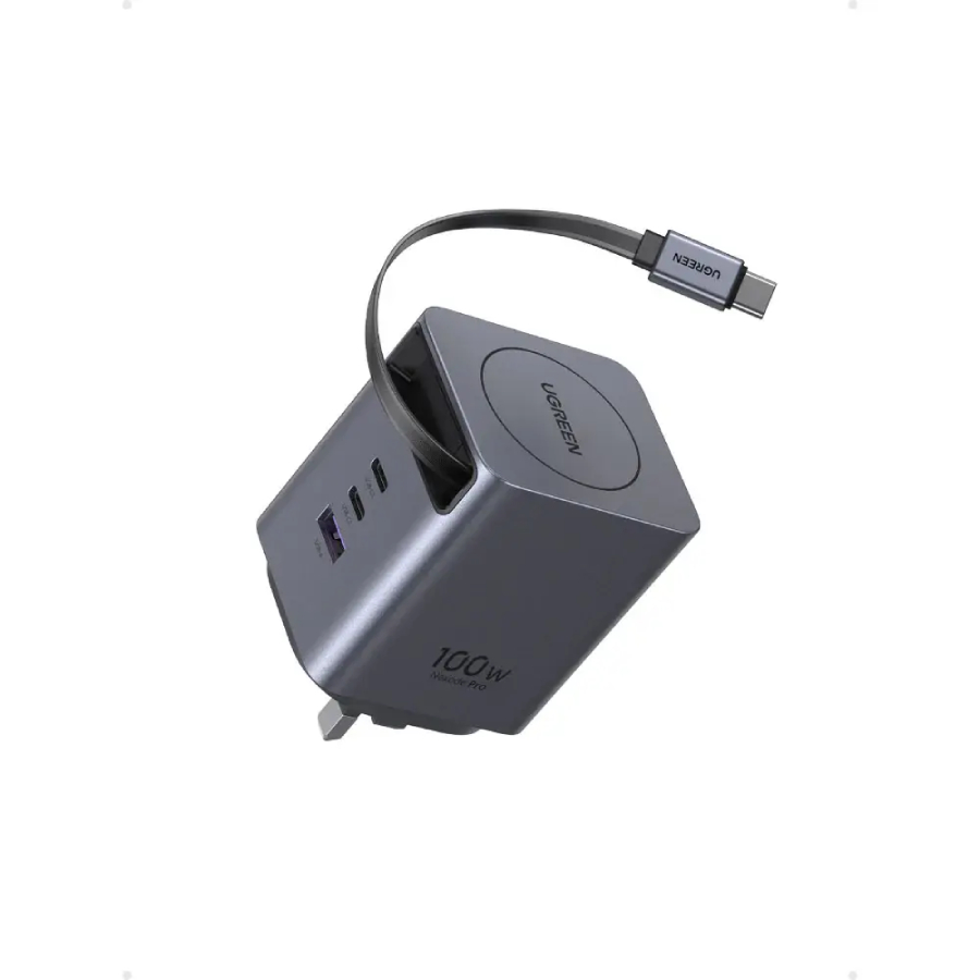 UGREEN 100W GaN Fast Charger with Retractable Cable, 3-port - Space Gray