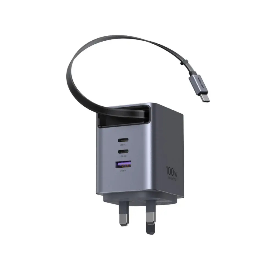UGREEN 100W GaN Fast Charger with Retractable Cable, 3-port - Space Gray