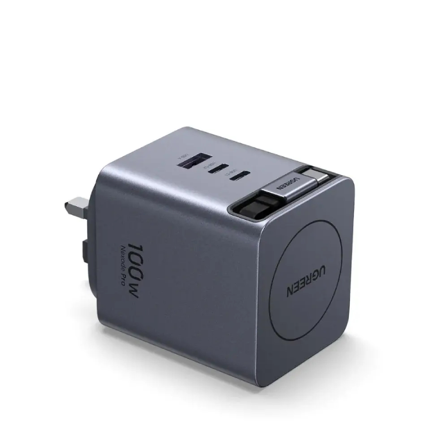 UGREEN 100W GaN Fast Charger with Retractable Cable, 3-port - Space Gray