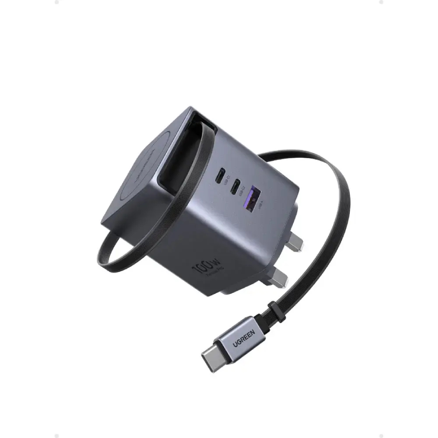 UGREEN 100W GaN Fast Charger with Retractable Cable, 3-port - Space Gray