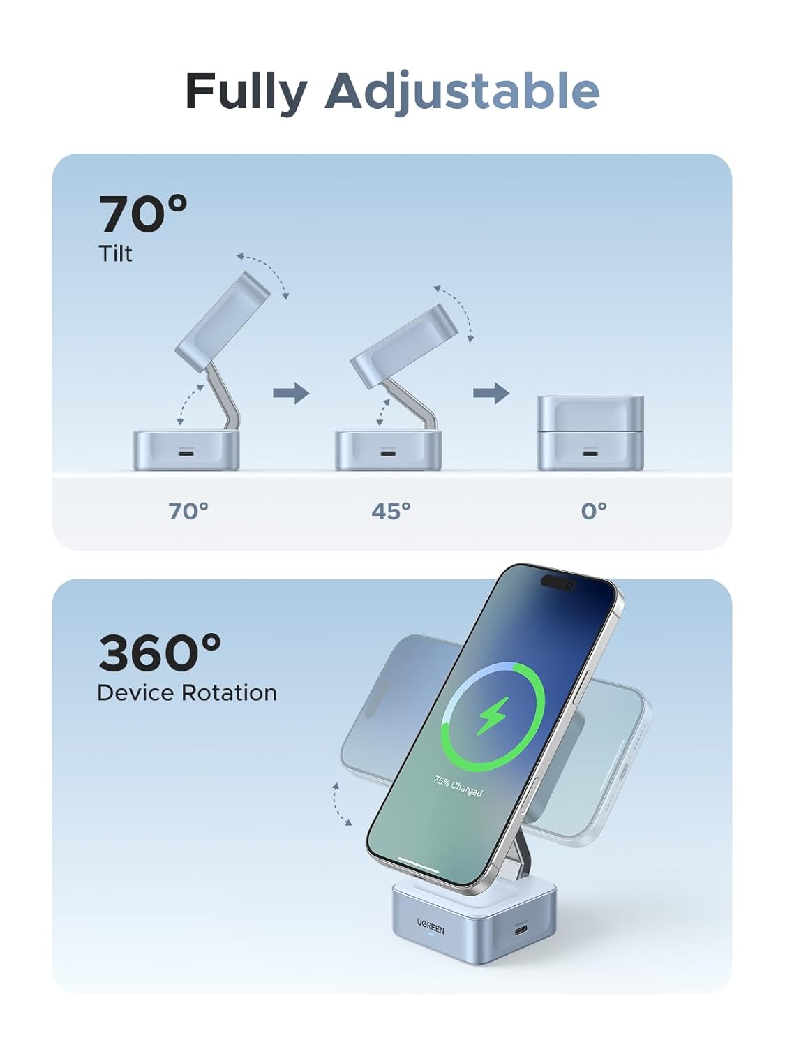 UGREEN 2-in-1 Magnetic Wireless Charger, Sea Blue - W752-55960B