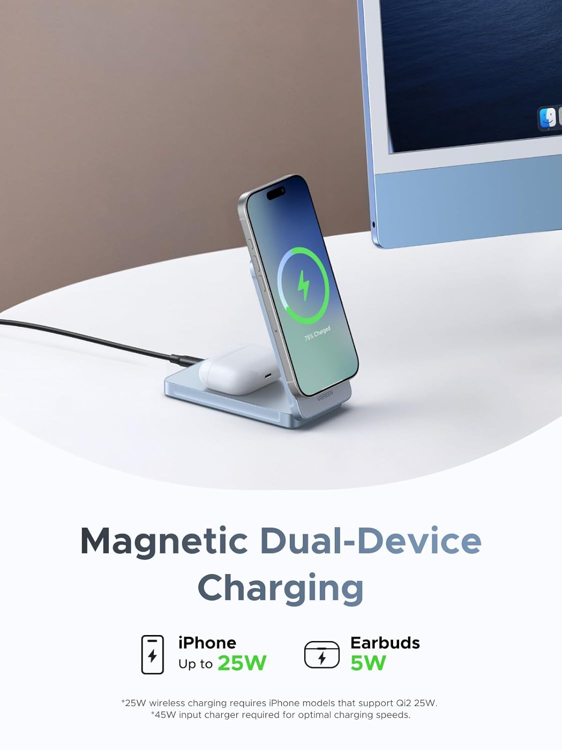 UGREEN 25W 2-in-1 Magnetic Wireless Charger, Sea Blue - W756-55963
