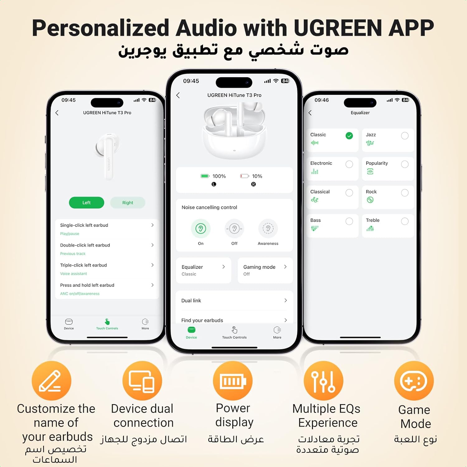 UGREEN HiTune T3 Pro Active Noise 35725 Earbuds - White