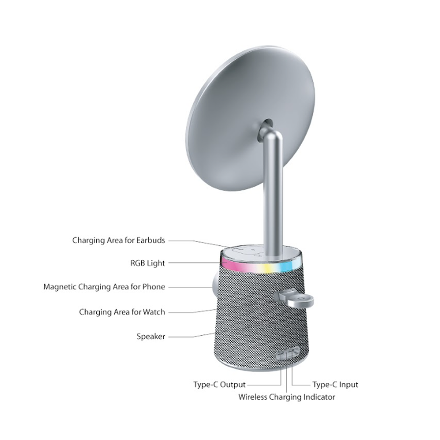 SIA Makeup Mirror With Speaker And 3 In 1 Wireless Charging - Light Gray