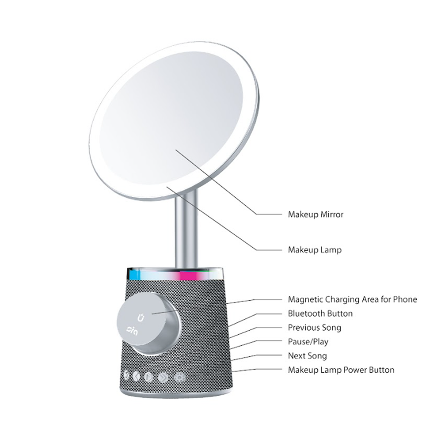 SIA Makeup Mirror With Speaker And 3 In 1 Wireless Charging - Light Gray