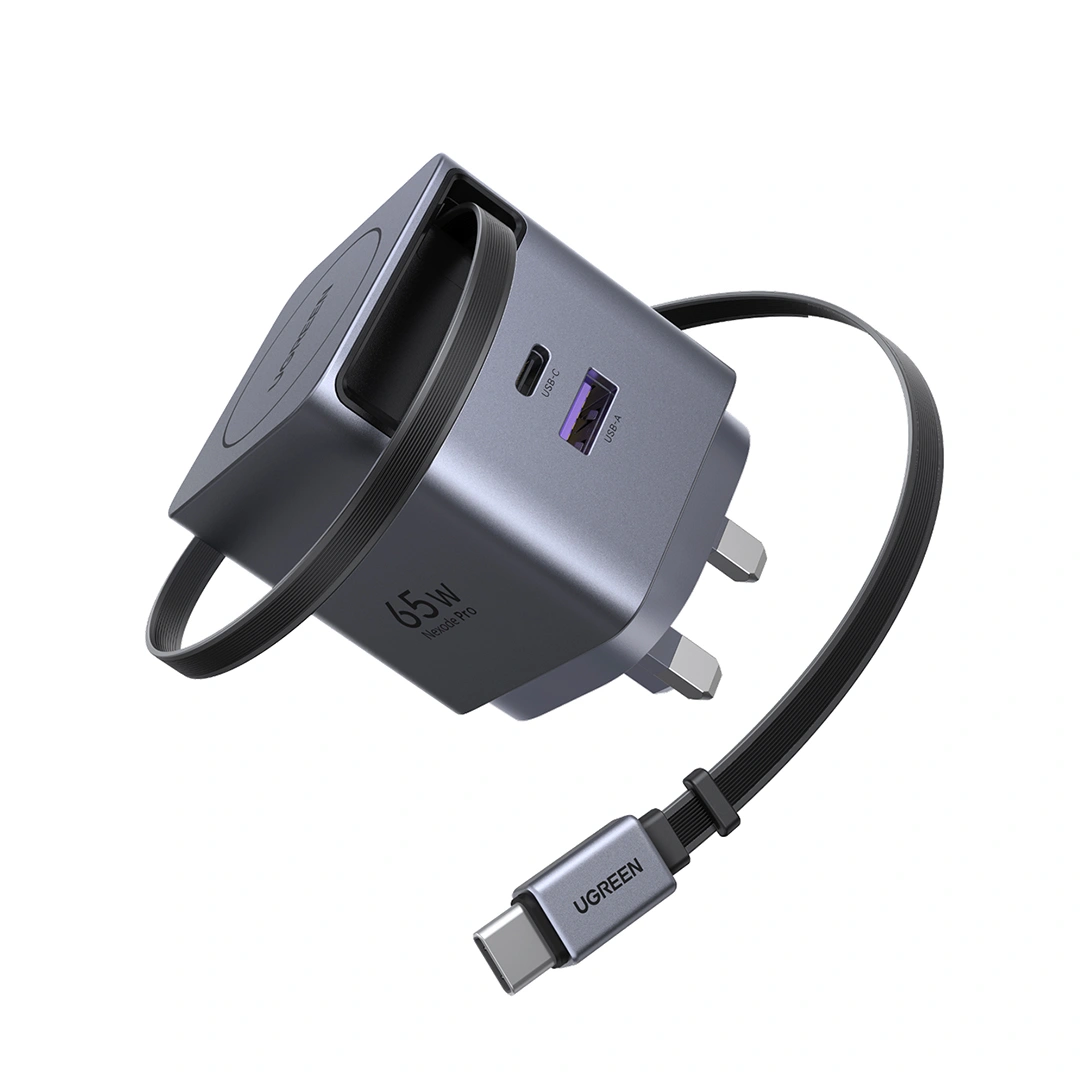 UGREEN 65W GaN Fast Charger with Retractable Cable, 2-port - Space Gray