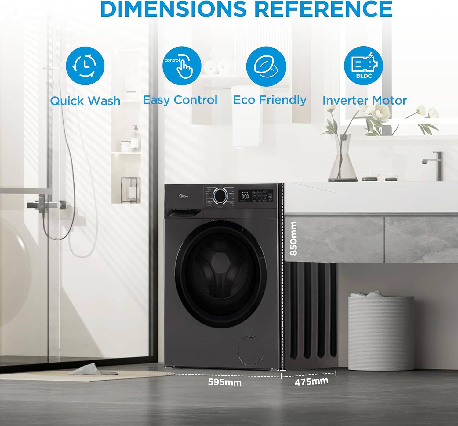 Midea 8KG Front Load Washing Machine With BLDC Inverter Motor, 1400 RPM - MF110W80B/T-GCC