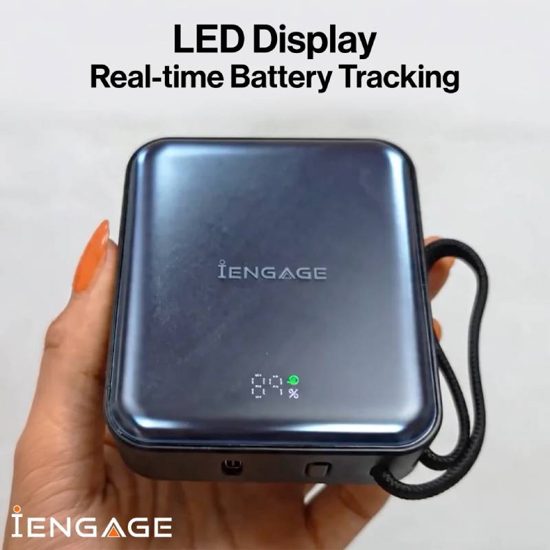iEngage 10000mAh Semi Solid Battery Qi2.2 Magsafe Powerbank with Built-In Cables - Black