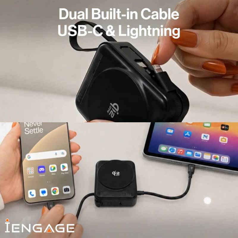 iEngage 10000mAh Semi Solid Battery Qi2.2 Magsafe Powerbank with Built-In Cables - Black