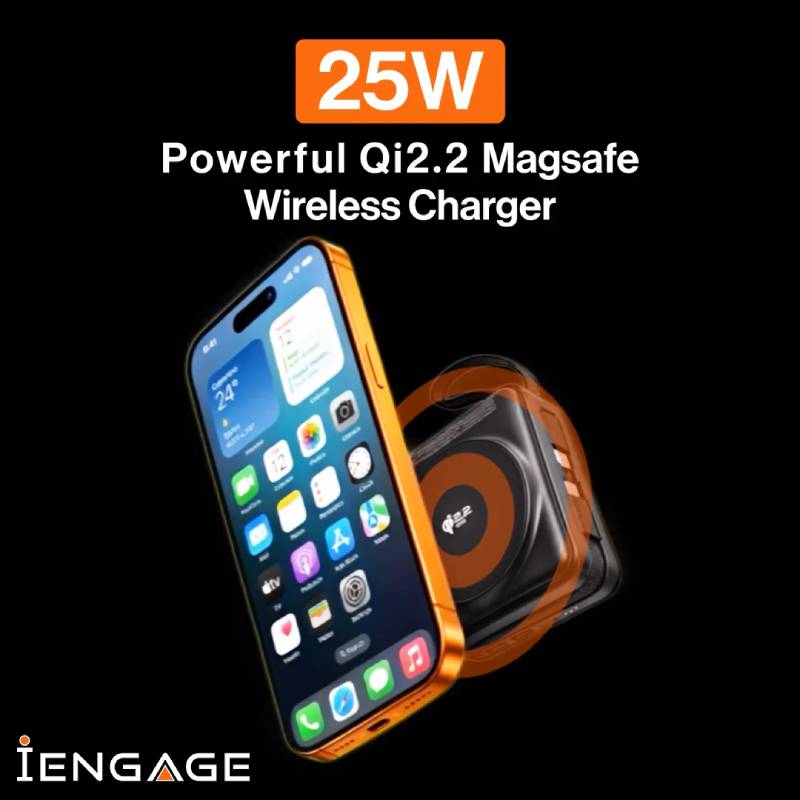 iEngage 10000mAh Semi Solid Battery Qi2.2 Magsafe Powerbank with Built-In Cables - Black