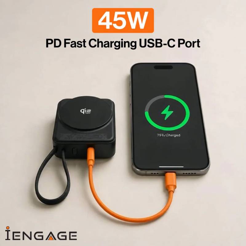 iEngage 10000mAh Semi Solid Battery Qi2.2 Magsafe Powerbank with Built-In Cables - Black