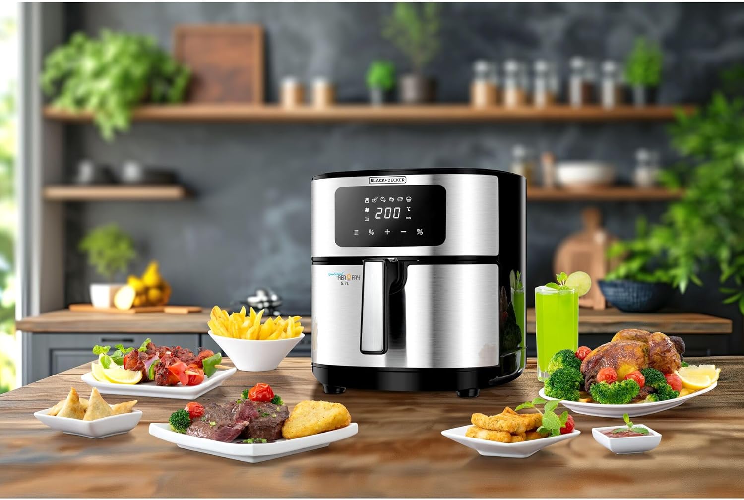 Black + Decker 6-in-1 Air Fryer, Digital Touch Control, Black & Silver - 5.7L