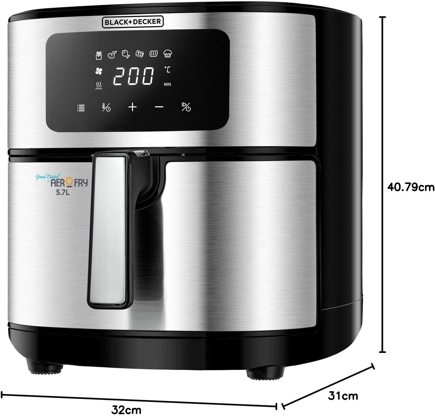 Black + Decker 6-in-1 Air Fryer, Digital Touch Control, Black & Silver - 5.7L