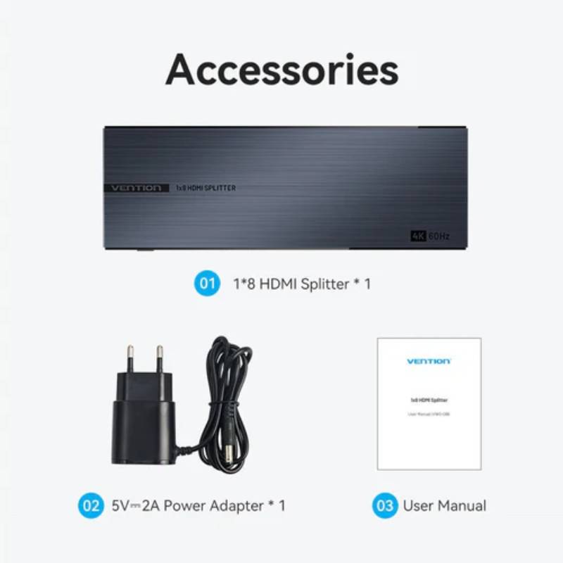 Vention 1-In & 8-Out HDMI Splitter 4K@60Hz Black Aluminum Alloy Type EU Standard - Black