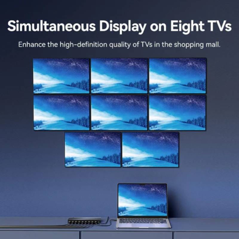 Vention 1-In & 8-Out HDMI Splitter 4K@60Hz Black Aluminum Alloy Type EU Standard - Black