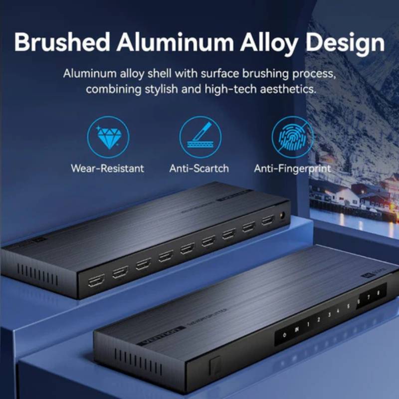 Vention 1-In & 8-Out HDMI Splitter 4K@60Hz Black Aluminum Alloy Type EU Standard - Black