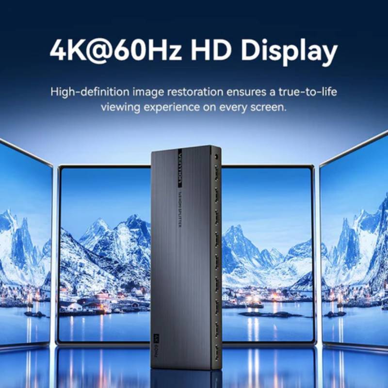 Vention 1-In & 8-Out HDMI Splitter 4K@60Hz Black Aluminum Alloy Type EU Standard - Black