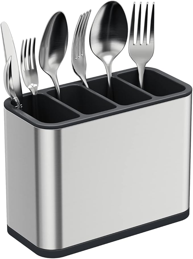 Steel Knife and Spoon Holder with 4 Divided Compartments - Steel