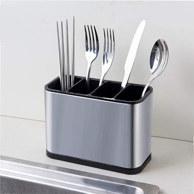 Steel Knife and Spoon Holder with 4 Divided Compartments - Steel