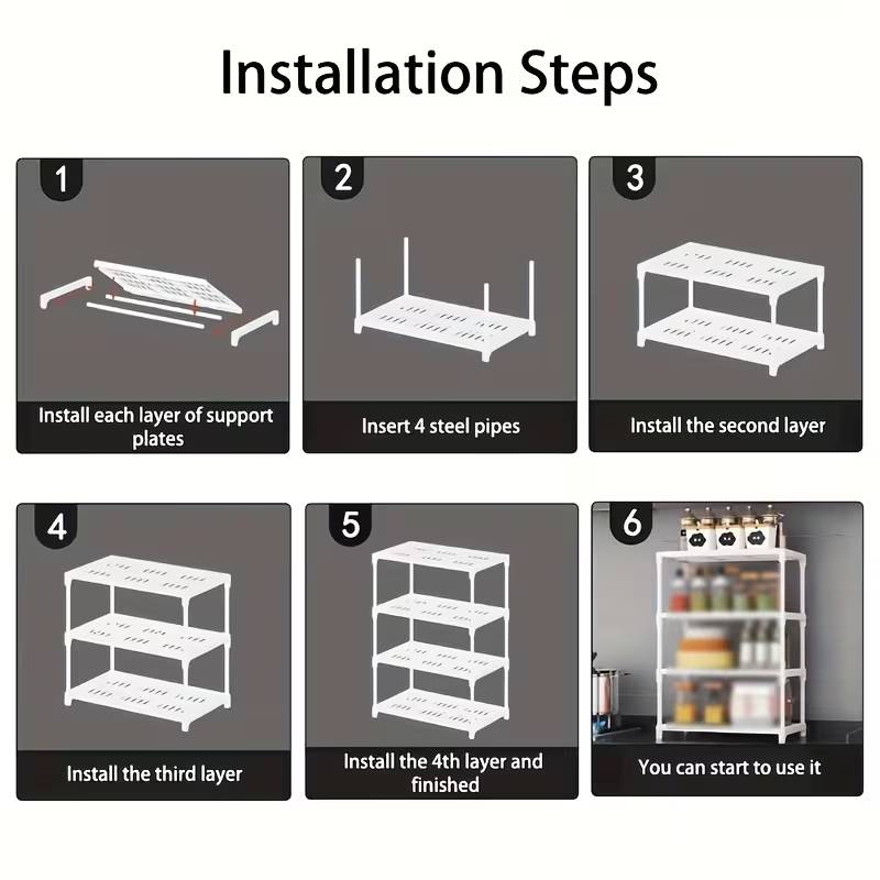 Mutlifunctional 4-Tier White Storage Rack, Durable Plastic & Metal - Black